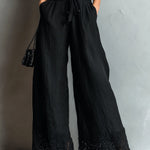 Black Faux Cotton-linen Halter Neck Vest With Tie-up Lace-trimmed Wide-leg Pants Set