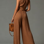 Brown V-neck Sleeveless Zip-up Pleated Wide-leg Chiffon Jumpsuit