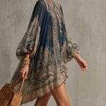 Navy Blue Baroque Print High-neck Irregular Chiffon Mini Dress