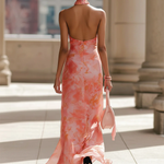 Pink Floral Print Halter-neck Chiffon Maxi Dress