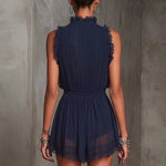 Navy Ruffle Trim Pleated Chiffon Lace Jumpsuit