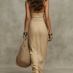Soft Drape Halter Column Faux Linen Halter Maxi Dress