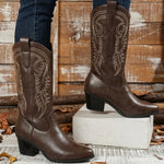 Western Cowboy Mid-Calf High-Heeled Riding Boots