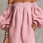 Pink Off-shoulder Lantern Sleeve A-line Loose Mini Dress