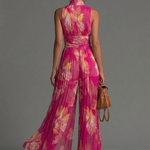 Fuchsia Floral Print Sleeveless Zippered Pleated Wide-leg Chiffon Jumpsuit