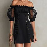 Black Off-Shoulder Puff Sleeve Studded Mini Dress
