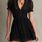Black Pleated Waist Lace-trimmed Mini Dress