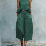 Solid Color Faux Linen Ruffled Wide-leg Capri Pants Suit