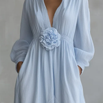 Blue Deep V-neck Three-dimensional Floral Maxi Dress