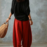 White Off-the-shoulder Top And Loose-fitting Lantern Pants Set