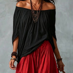 White Off-the-shoulder Top And Loose-fitting Lantern Pants Set