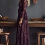 Purple Lace V-neck Ruched Bell sleeve Sheer Maxi Dress