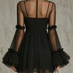 Black Sheer Floral Appliqué High Neck Pleated Chiffon Mini Dress