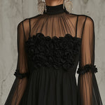 Black Sheer Floral Appliqué High Neck Pleated Chiffon Mini Dress