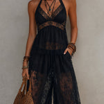 Black Backless Lace-trimmed Tank Top And Harem Pants Set