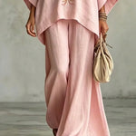 Light Pink Embroidered Batwing Sleeve Shirt And Wide-leg Pants Two-piece Set