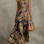 Navy Blue And Gold Baroque Print Halter Neck Sleeveless Maxi Dress