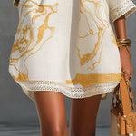Renata | Short Lace Dress with Gold Print and Deep V-Neck