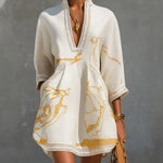 Silvia | Black Mini Dress with Gold Marble Print and Crochet Lace