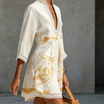 Renata | Short Lace Dress with Gold Print and Deep V-Neck