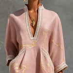 Pink Gold Printed V-neck Crochet Lace Mini Dress