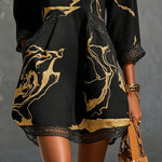 Silvia | Black Mini Dress with Gold Marble Print and Crochet Lace