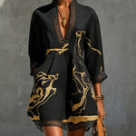 Silvia | Black Mini Dress with Gold Marble Print and Crochet Lace
