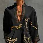Silvia | Black Mini Dress with Gold Marble Print and Crochet Lace
