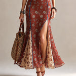 Rust-red Floral Print Chiffon High-slit Spaghetti Strap Maxi Dress