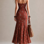 Rust-red Floral Print Chiffon High-slit Spaghetti Strap Maxi Dress
