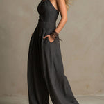 Boho Charcoal Crisscross Halter Pinstripe Wide-Leg Jumpsuit