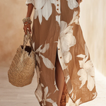 Brown White Floral Print Vacation Maxi Shirt Dress