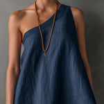 Navy Blue One-shoulder Sleeveless Frayed Mini Dress