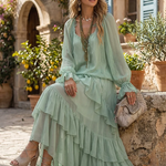 Mint Green Chiffon Ruffled Top Paired With A Layered Skirt Set