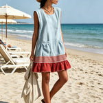 Blue Sleeveless Red Striped And Ruffled Loose Mini Dress