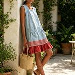 Blue Sleeveless Red Striped And Ruffled Loose Mini Dress