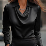 Solid Satin Floral Print Simple Swing Collar Shirt Top