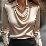 Solid Satin Floral Print Simple Swing Collar Shirt Top