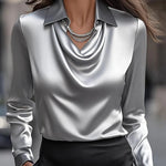 Solid Satin Floral Print Simple Swing Collar Shirt Top