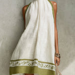 White And Olive Green Floral Sleeveless A-line Mini Dress