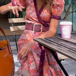 Elegant Pink Floral Print Short Sleeve Maxi Dress