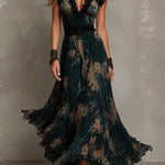 Vintage Dark Green Floral Lace-trimmed Chiffon maxi Dress