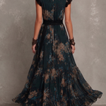 Vintage Dark Green Floral Lace-trimmed Chiffon maxi Dress