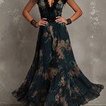 Vintage Dark Green Floral Lace-trimmed Chiffon maxi Dress