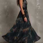 Vintage Dark Green Floral Lace-trimmed Chiffon maxi Dress