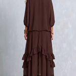 Brown Chiffon Tassel Drawstring V-neck Top Paired With A Ruffled Layered Skirt Set
