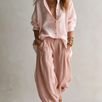 White Loose Shirt And Green Wide-leg Lantern Pants Suit