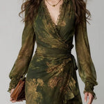 Green Floral Print Irregular Layered Ruffle Chiffon Maxi Dress