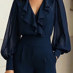 Navy Blue Ruffled Chiffon Top And Wide-leg Pants Two-piece Set