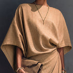 Khaki Draped Asymmetrical Short-sleeved Midi Dress